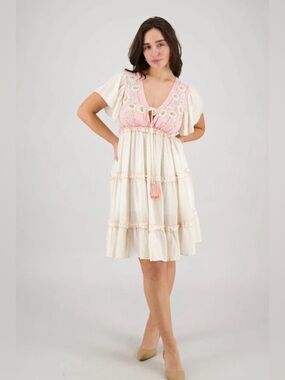 25151 Boho Embroidered Babydoll Dress in Cream and Pink